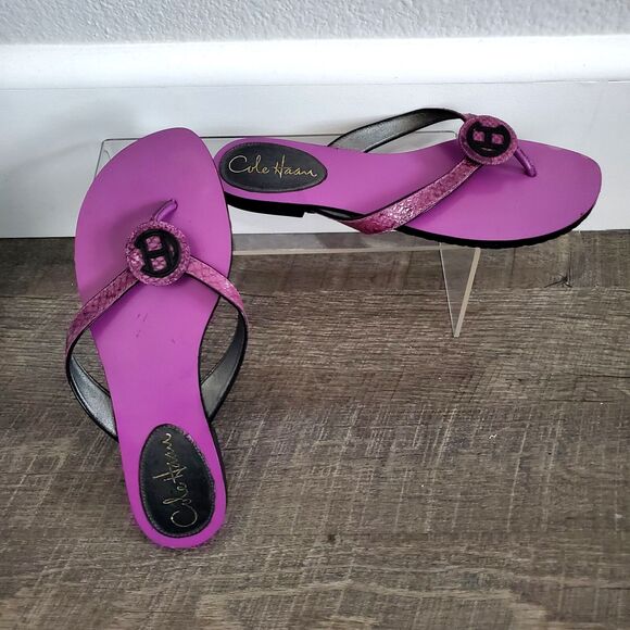 Cole Haan Shoes - Cole Haan Women's Sandals Size 6.5B Purple Black Leather Animal Print Logo Flats